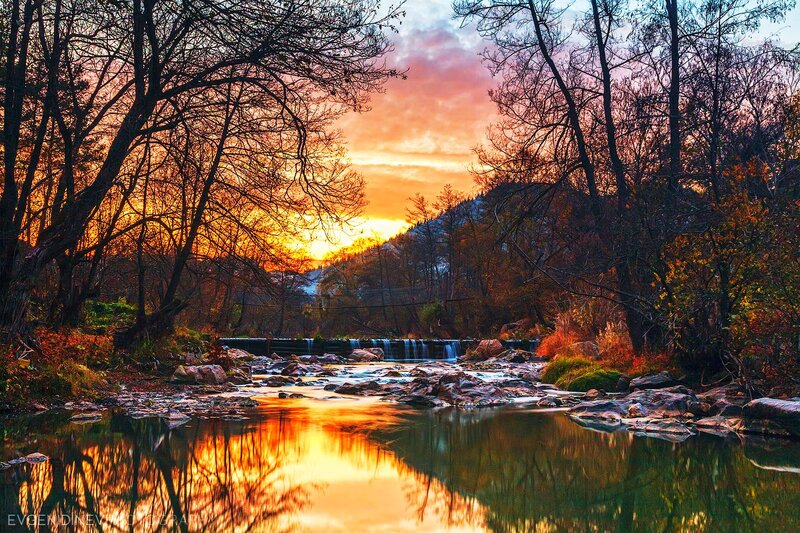 River at Sunset — Orange, Serene, Photograph, Trees, Mountain