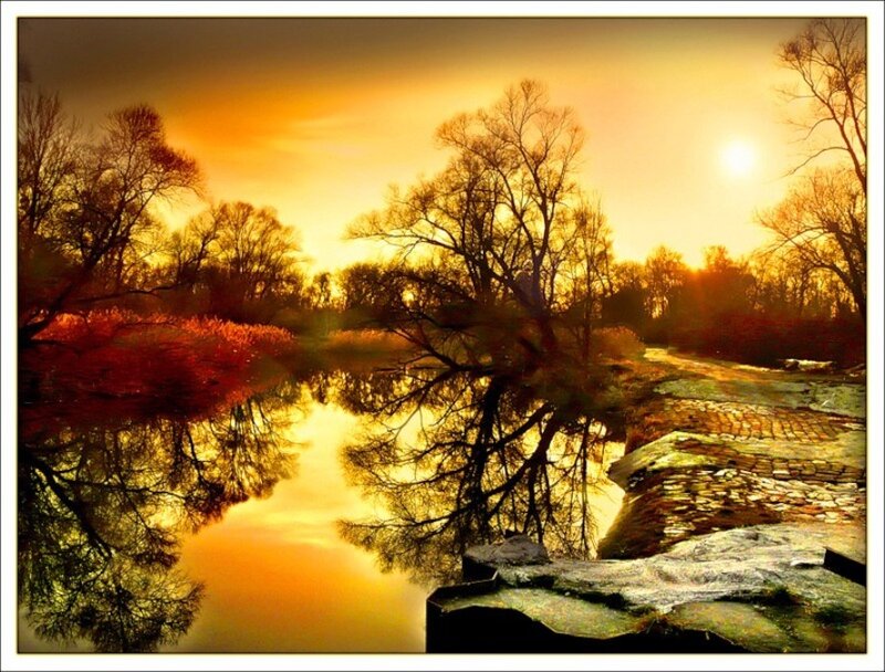 River at Sunset — Orange, Serene, Photograph, Trees, Reflection