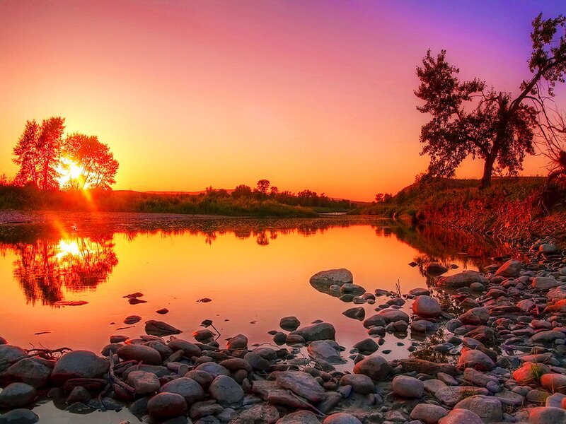 River at Sunset — Orange, Serene, Photograph, Trees, Rocks