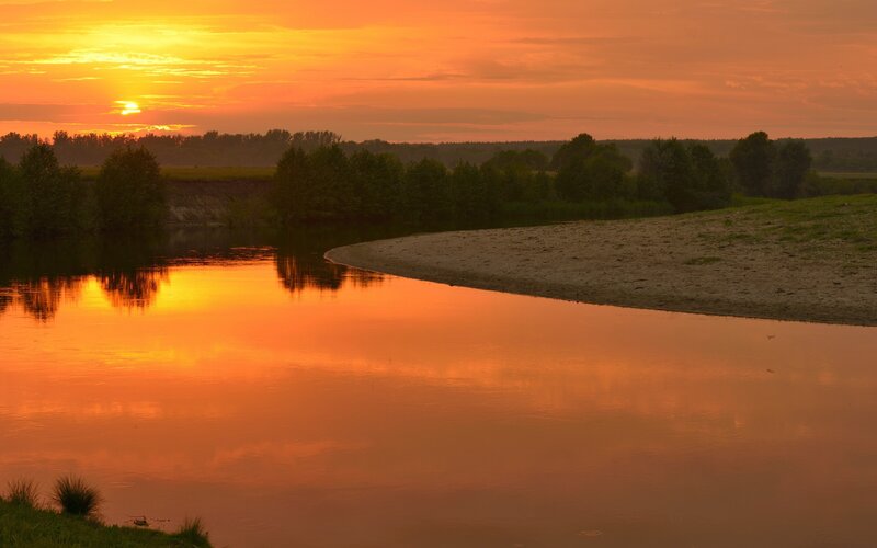 River at Sunset — Orange, Serene, Photograph, Trees, Sandbank, Sky, Yellow