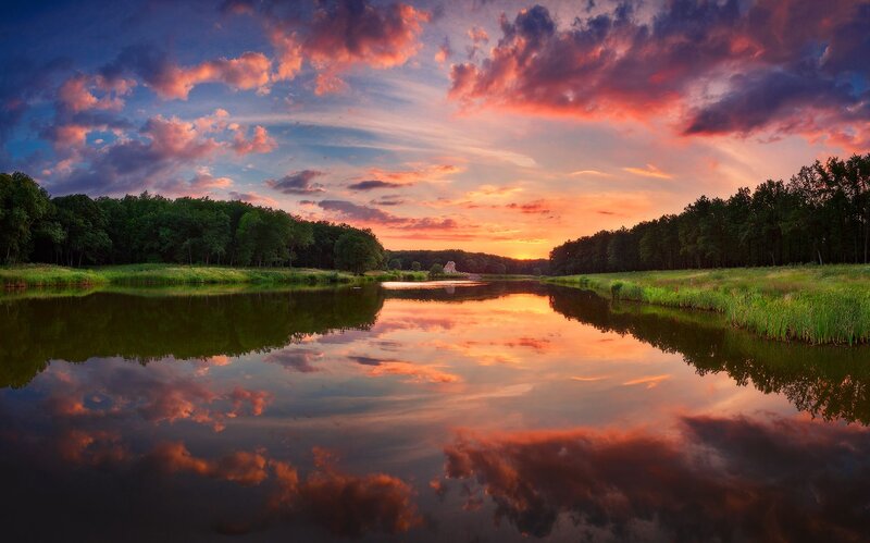 River at Sunset — Orange, Serene, Photograph, Trees, Sky, Clouds
