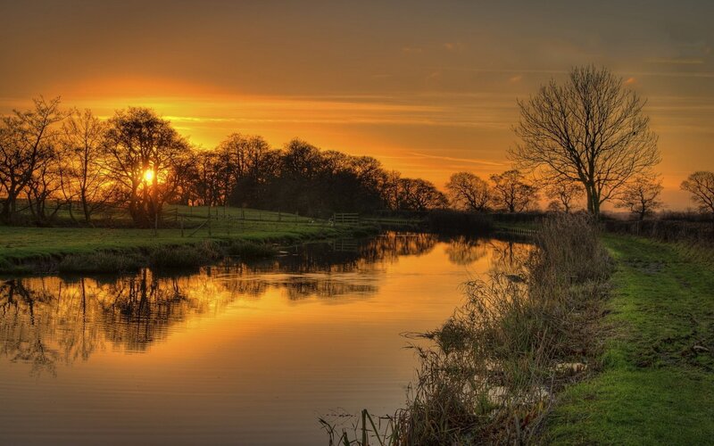 River at Sunset — Orange, Serene, Photograph, Trees, Sky, Grass