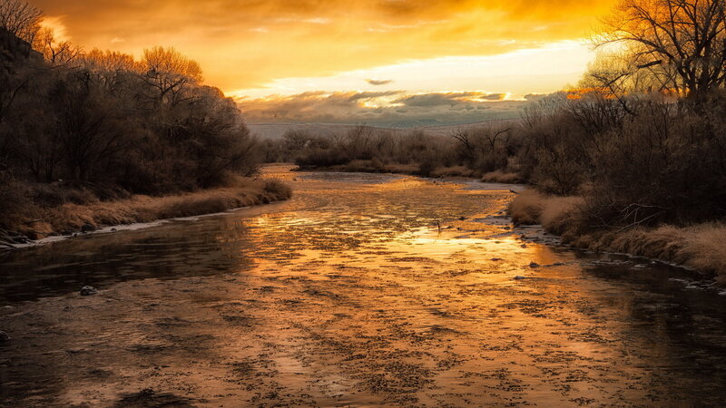 River at Sunset — Orange, Serene, Photograph, Trees, Sky, Ice