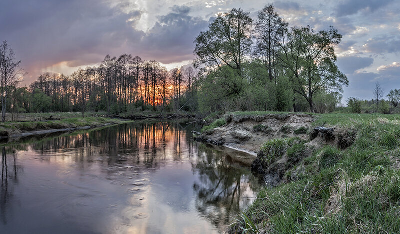 River at Sunset — Orange, Serene, Photograph, Trees, Sky, Reflection, Bank
