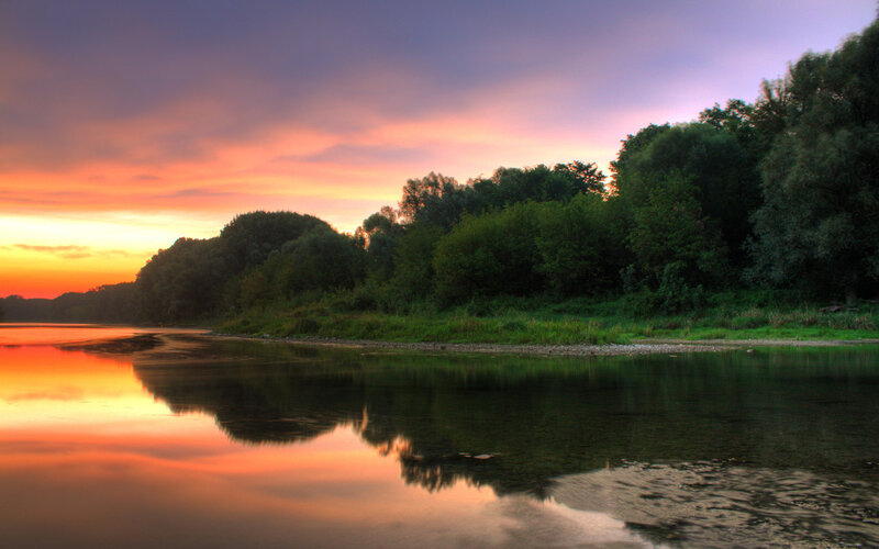 River at Sunset — Orange, Serene, Photograph, Trees, Sky, Reflection, Purple, Green