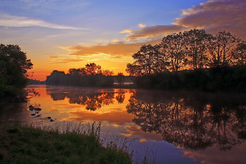 River at Sunset — Orange, Serene, Photograph, Trees, Sky, Reflection