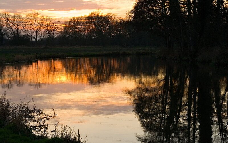 River at Sunset — Orange, Serene, Photograph, Trees, Sky, Reflection, Yellow