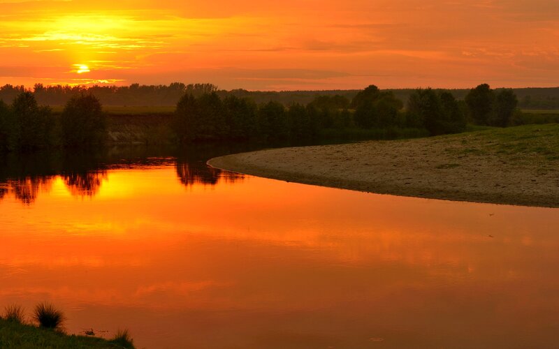 River at Sunset — Orange, Serene, Photograph, Trees, Sky, Sand
