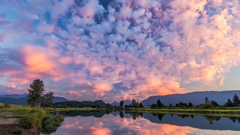 River at Sunset — Pink, Serene, Photograph, Clouds