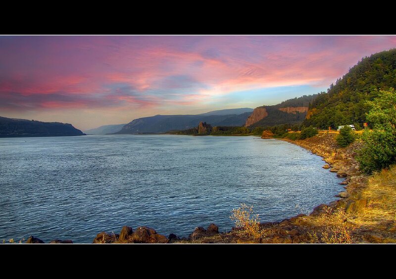 River at Sunset — Pink, Serene, Photograph, Mountains, Sky