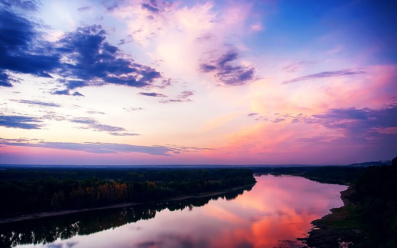 River at Sunset — Pink, Serene, Photograph, Sky, Clouds