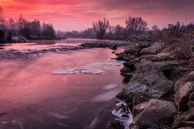 River at Sunset — Pink, Serene, Photograph