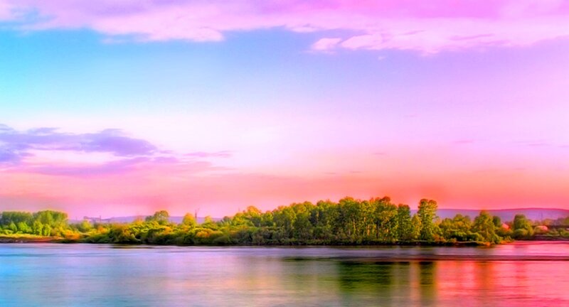 River at Sunset — Pink, Serene, Photograph, Trees