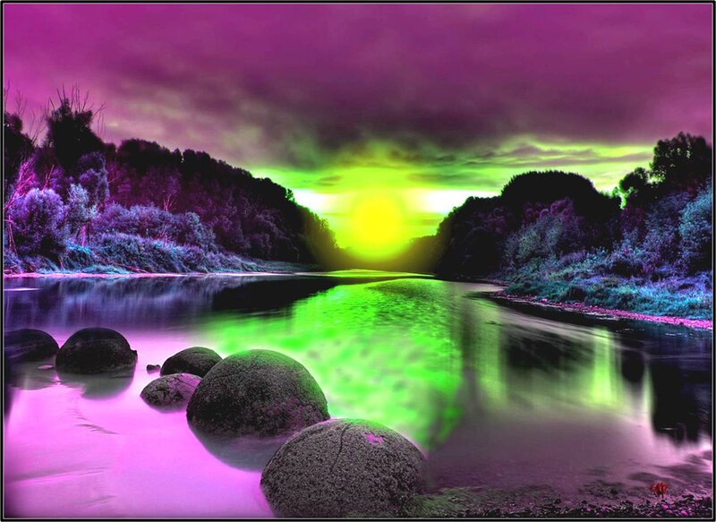 River at Sunset — Purple, Dramatic, Digital Art, Rocks