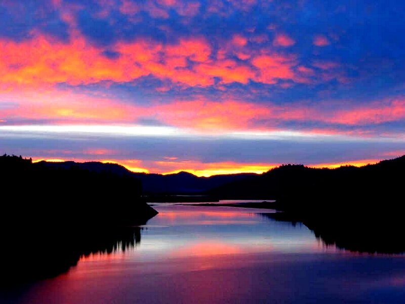 River at Sunset — Purple, Dramatic, Photograph, Mountains, Sky, Clouds