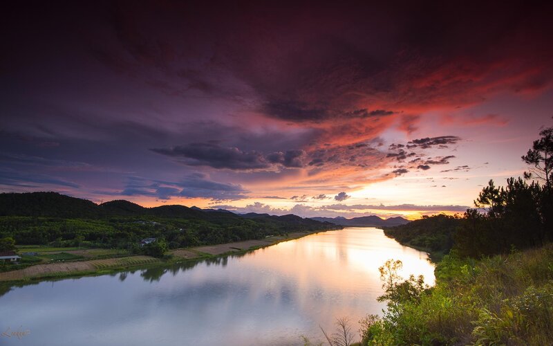 River at Sunset — Purple, Dramatic, Photograph, Mountains, Sky
