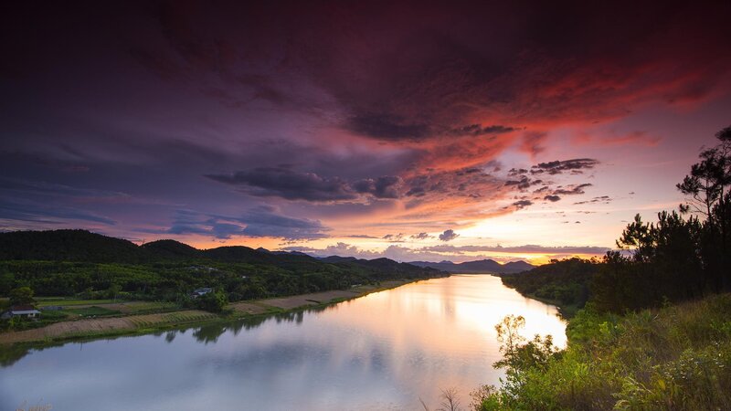 River at Sunset — Purple, Dramatic, Photograph, Mountains