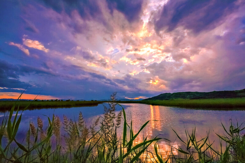 River at Sunset — Purple, Dramatic, Photograph, Sky, Clouds