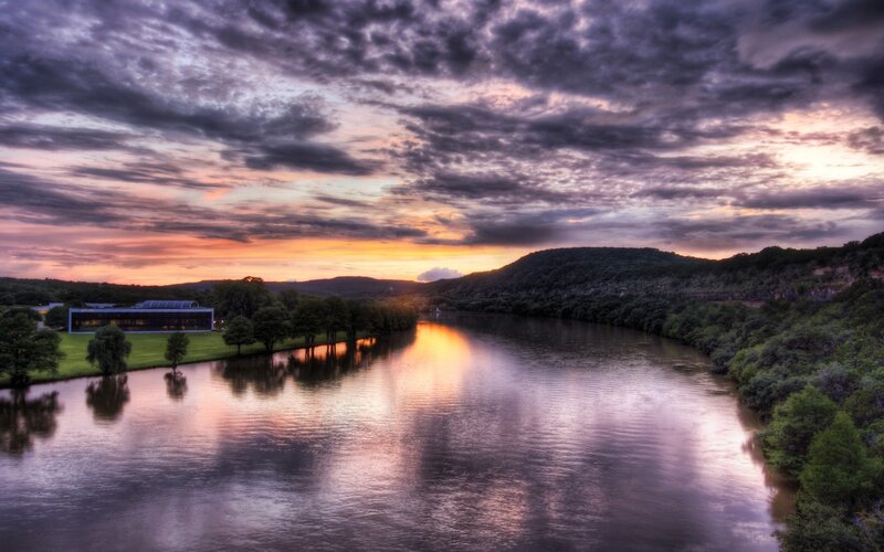 River at Sunset — Purple, Dramatic, Photograph, Sky, Trees, Building