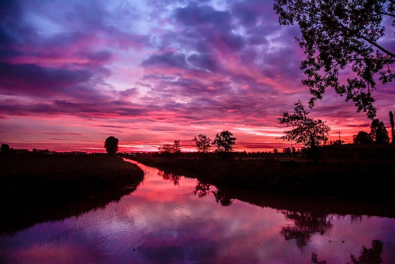 River at Sunset — Purple, Dramatic, Photograph, Sky, Trees, Reflection