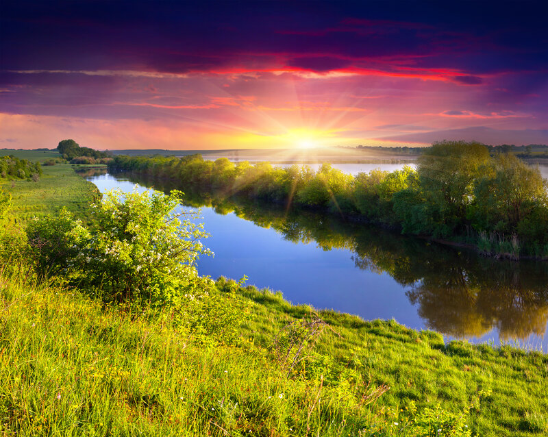 River at Sunset — Purple, Dramatic, Photograph, Sky, Trees