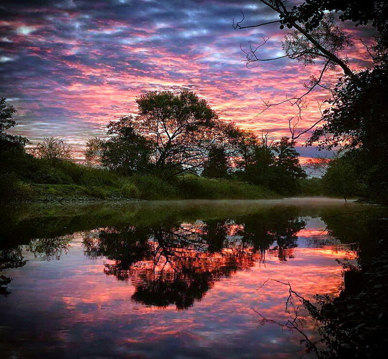 River at Sunset — Purple, Dramatic, Photograph, Trees, Sky, Reflection