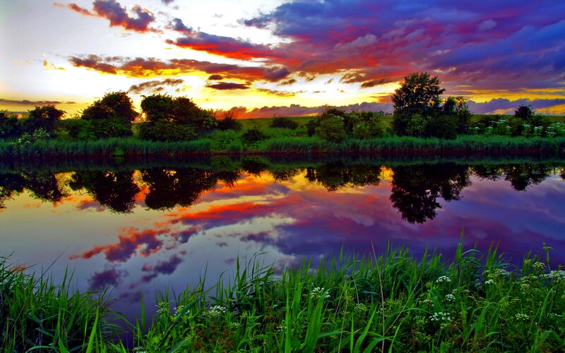 River at Sunset — Purple, Dramatic, Photograph, Trees, Sky
