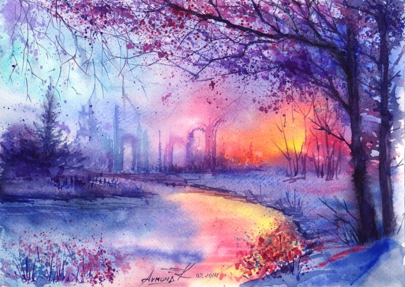 River at Sunset — Purple, Serene, Painting