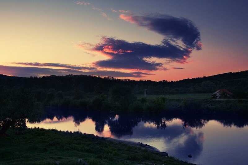 River at Sunset — Purple, Serene, Photograph, Clouds