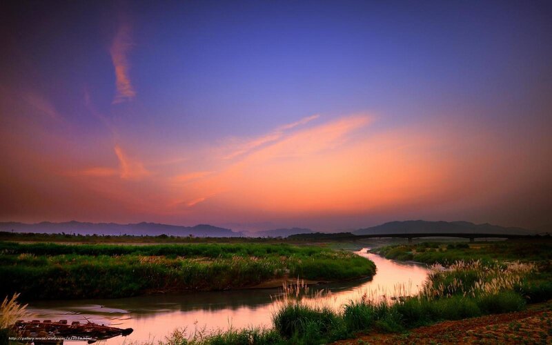 River at Sunset — Purple, Serene, Photograph, Mountains