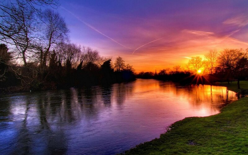 River at Sunset — Purple, Serene, Photograph, Trees, Sky, Sun