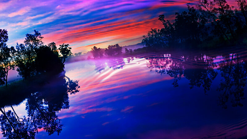 River at Sunset — Purple, Serene, Photograph, Trees, Sky
