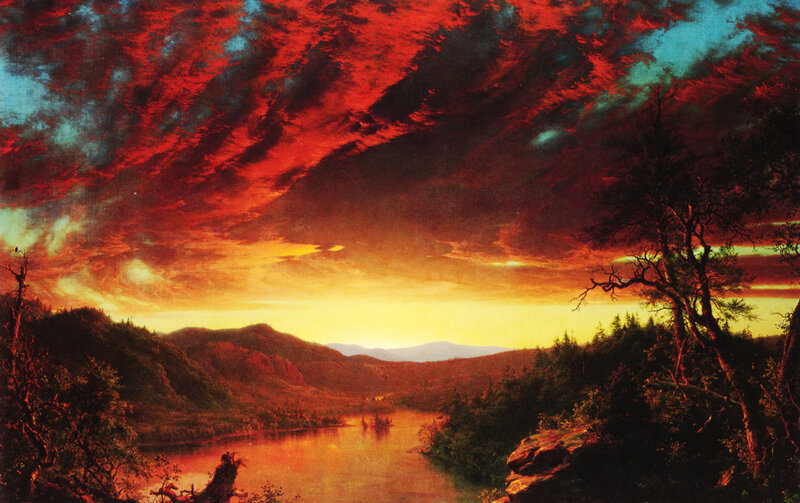River at Sunset — Red, Dramatic, Painting, Mountains