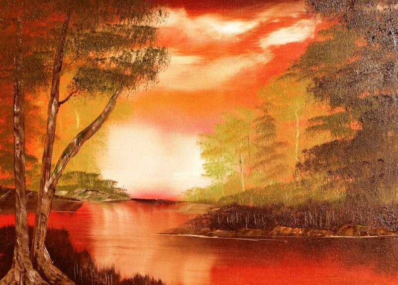River at Sunset — Red, Dramatic, Painting