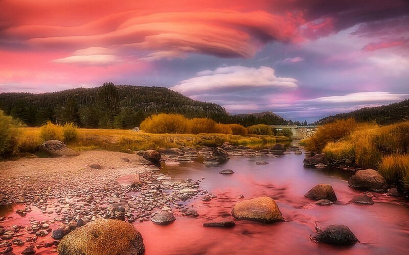 River at Sunset — Red, Dramatic, Photograph, Rocks