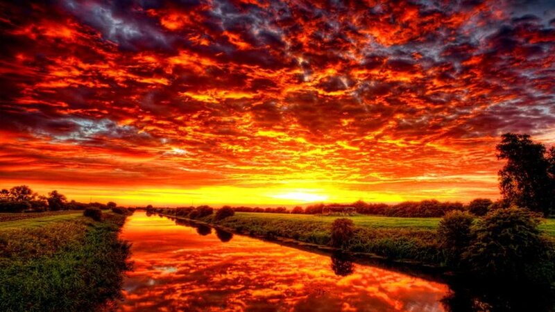 River at Sunset — Red, Dramatic, Photograph, Sky, Clouds