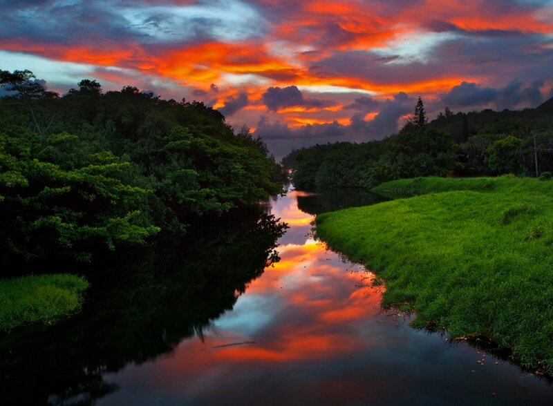 River at Sunset — Red, Dramatic, Photograph, Sky