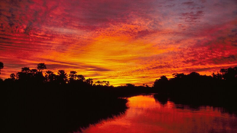 River at Sunset — Red, Dramatic, Photograph, Sky, Trees, Reflection, Orange, Black