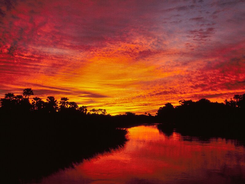 River at Sunset — Red, Dramatic, Photograph, Sky, Trees, Reflection, Orange