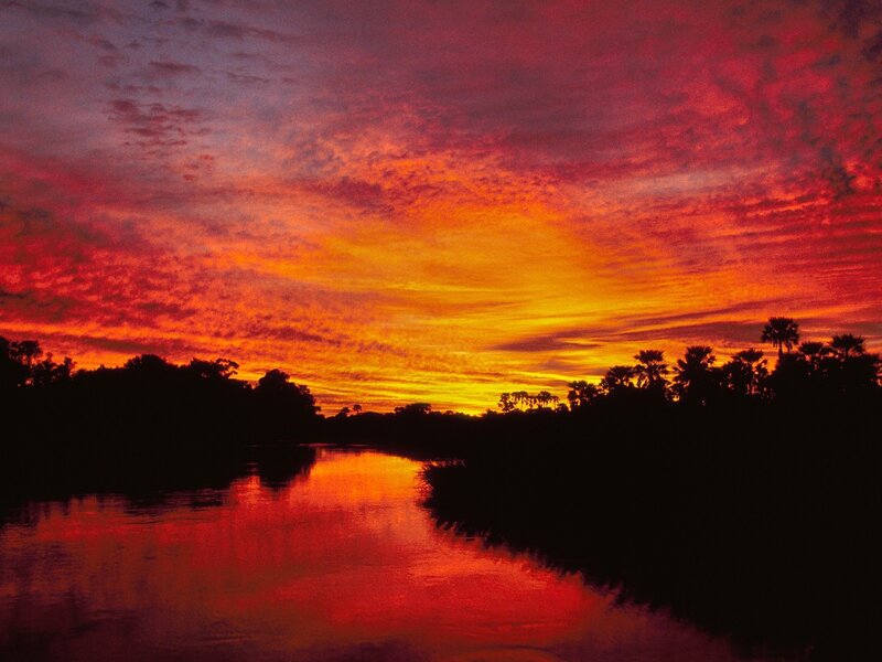 River at Sunset — Red, Dramatic, Photograph, Sky, Trees, Reflection, Orange, Yellow