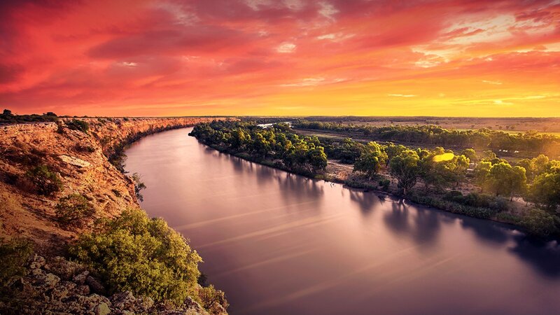 River at Sunset — Red, Dramatic, Photograph, Sky, Trees