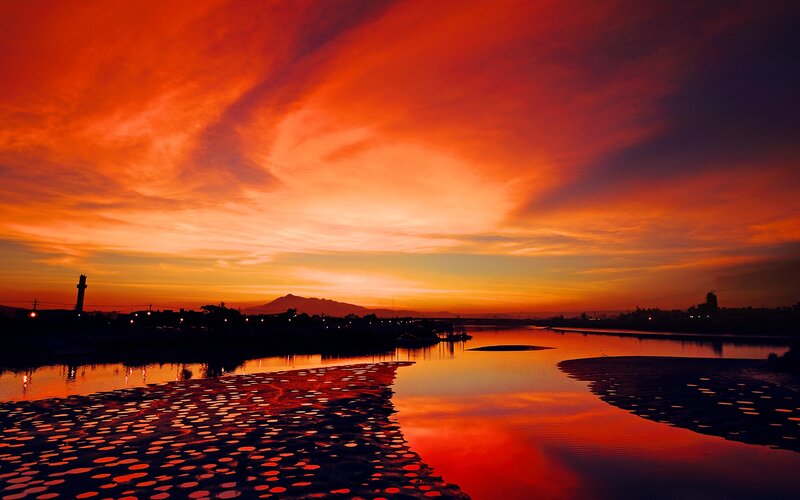 River at Sunset — Red, Dramatic, Photograph