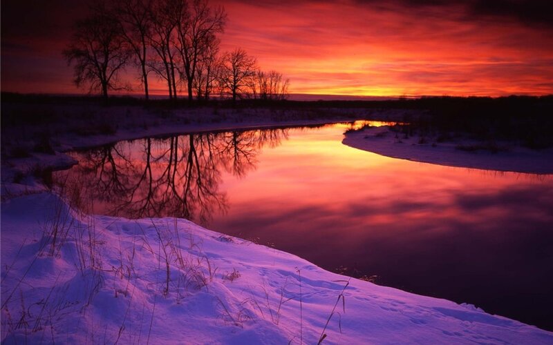 River at Sunset — Red, Dramatic, Photograph, Trees, Snow, Sky, Orange