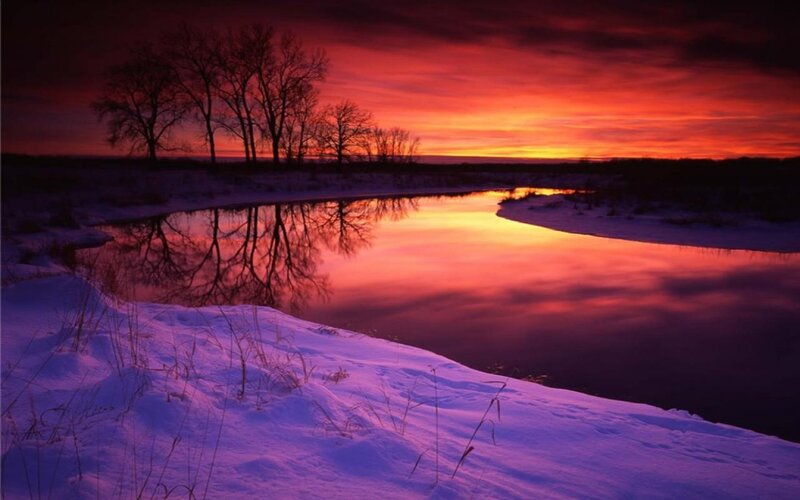 River at Sunset — Red, Dramatic, Photograph, Trees, Snow