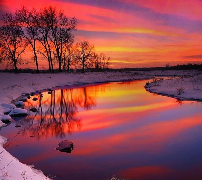 River at Sunset — Red, Dramatic, Photograph, Trees