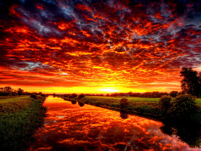 River at Sunset — Red, Dramatic