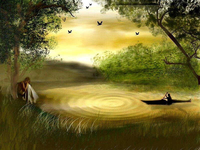 River at sunset with canoe