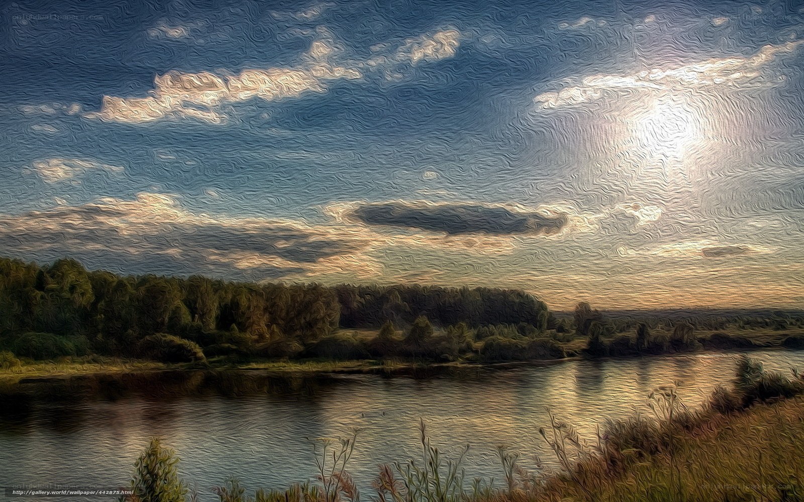 River at sunset with clouds