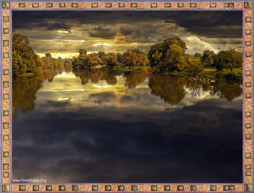 River at sunset with clouds