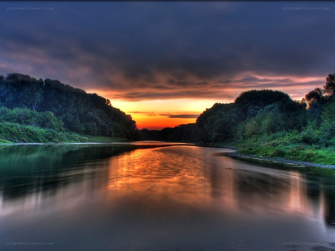 River at sunset with forest